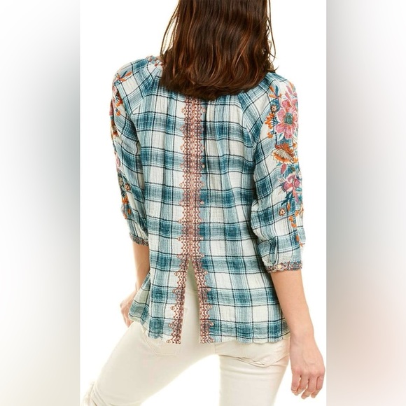 Johnny Was L Gauzy Teal Plaid Floral Embroidered Blouse Top Shirt Boho - Picture 11 of 11